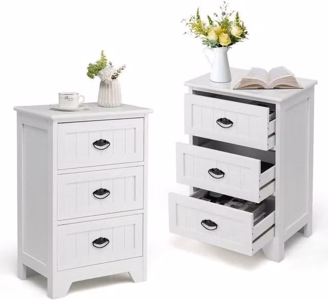 Kelvenix White Lacquered Wood 3-Drawer Bedside and Sofa Side Table – 1