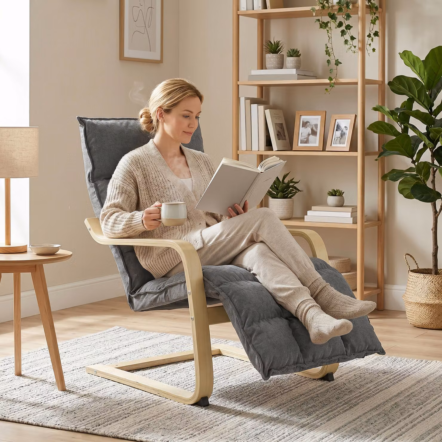 HOMCOM Modern Grey Fabric Accent Chair with Ottoman and Armrests – 4