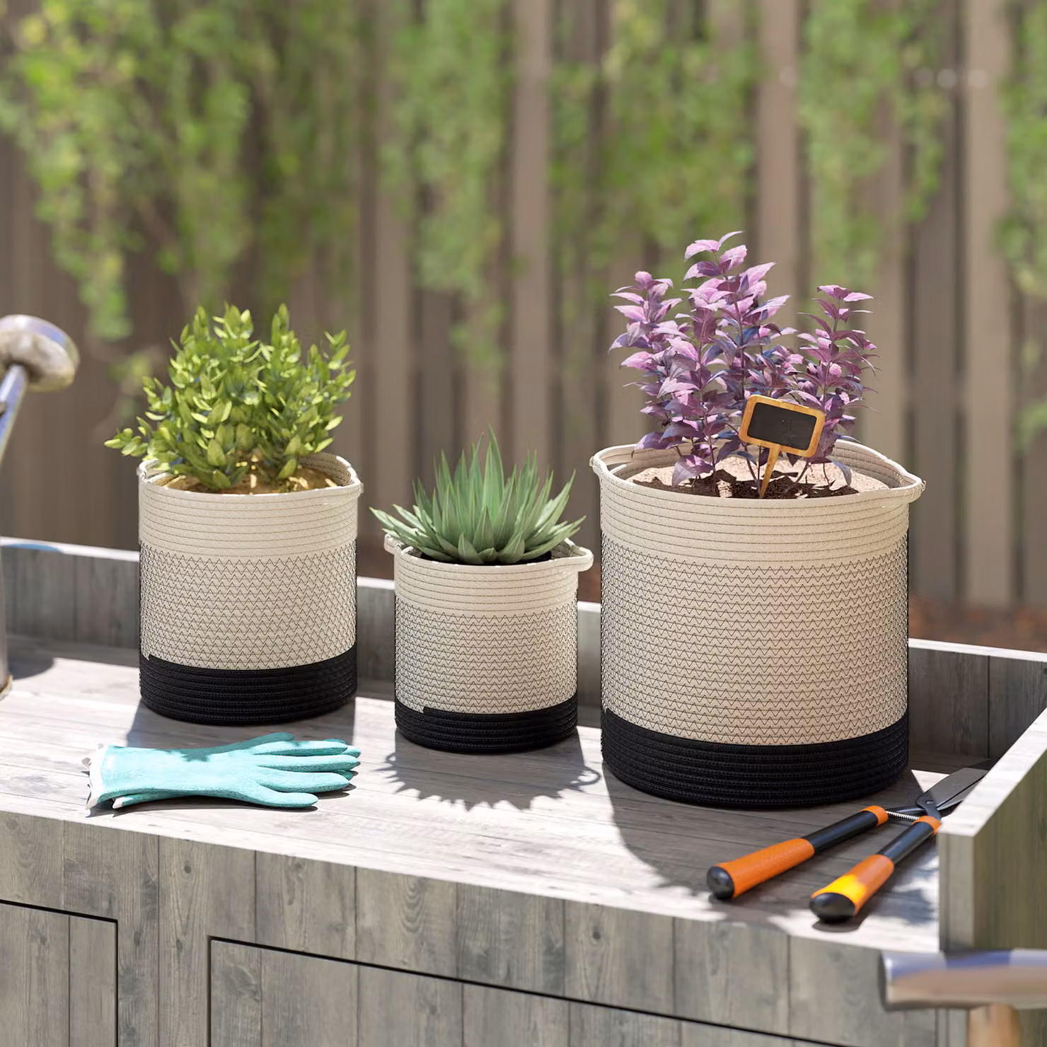 Outsunny Set of 3 Handwoven Cotton Indoor Planters with Waterproof Liner, White – 2