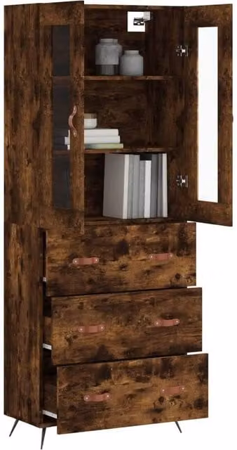 Berkfield Home Smoked Oak Highboard in Brown with Glass Doors and Drawers, W/D/H: 69.5 x 34 x 180 cm – 1
