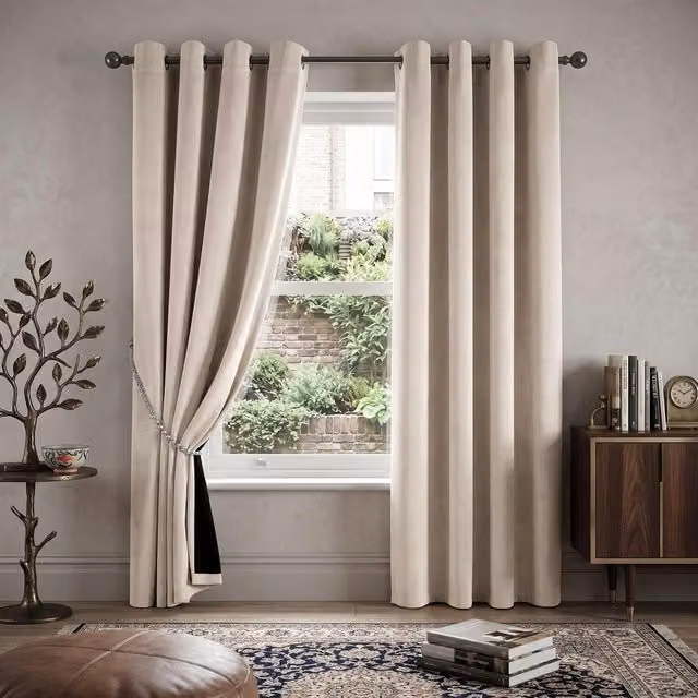 Livinluxury Velvet Look Blackout Eyelet Curtains, Beige, W: 137 cm, H: 117 cm