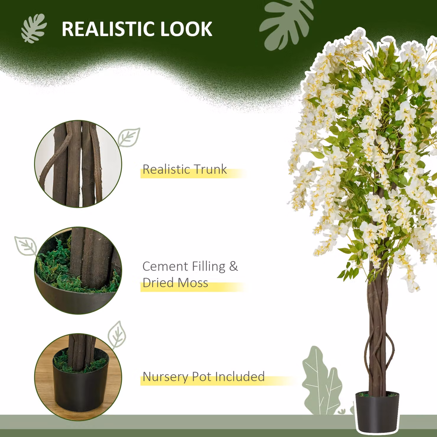 HOMCOM Artificial White Wisteria Tree in Pot for Weddings and Parties – 3