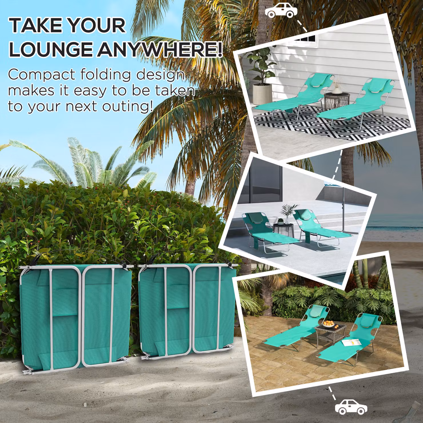Outsunny Set of 2 Foldable Sun Loungers in Turquoise with 5-Level Adjustable Backrest and Reading Hole – 5