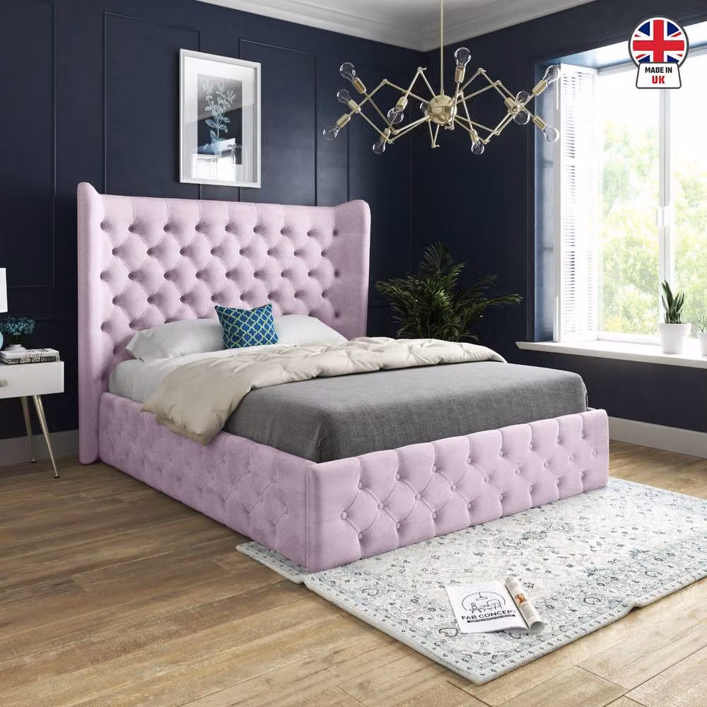 KDMD Ledbury Wide Winged Upholstered Designer Bed Frame in Pink Soft Velvet, Size: Single (W/D/H: 90 x 190 cm) – 3
