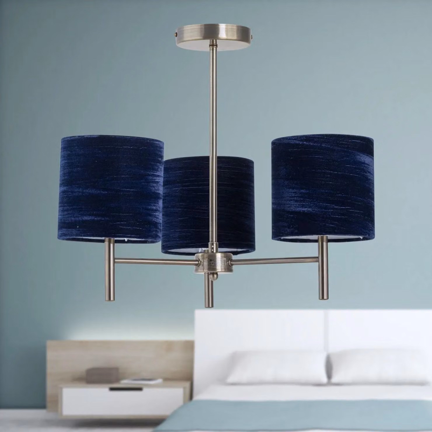 First Choice Lighting Brea Set of 2 Antique Brass Ceiling Light Fittings with Navy Blue Fabric Shades – 4
