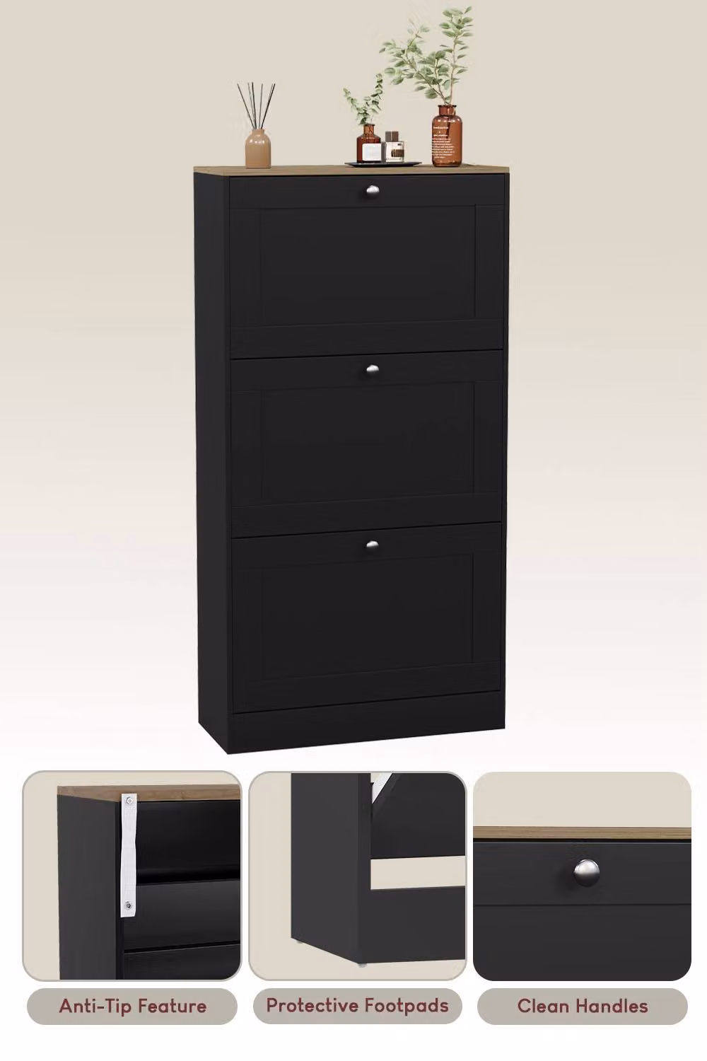 Vida Designs Modern 3 Drawer Black Shoe Cabinet with Tilting Compartments and LED Lighting – 5