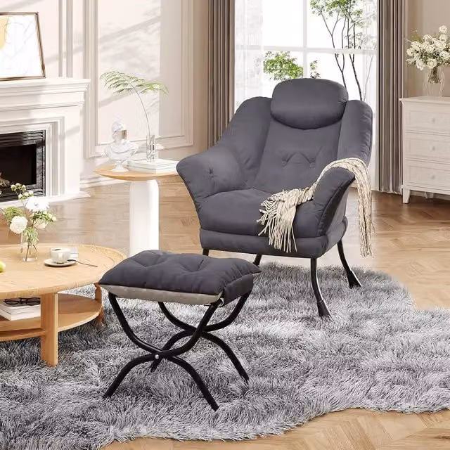 London Boutique Modern Grey Fabric Lounge Chair Set with Ottoman and Side Pocket – 1