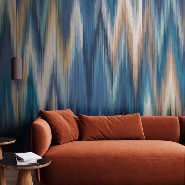 Origin Murals Ikat Zig Zag Geometric Boho Textile Wall Mural in Indigo Blue and Multicolour, 350cm