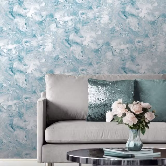 Muriva Elixir Abstract Liquid Marble Effect Wallpaper in Petrol and Silver