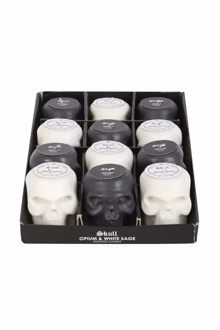 KDMD Set of 12 Organic Opium and White Sage Skull Candles in Black and White – 2