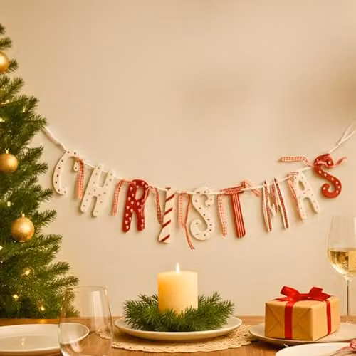 Shatchi Vintage Country Style Tartan and Cream Wooden Christmas Garland Banner with Red and White Checked Pennants – 2
