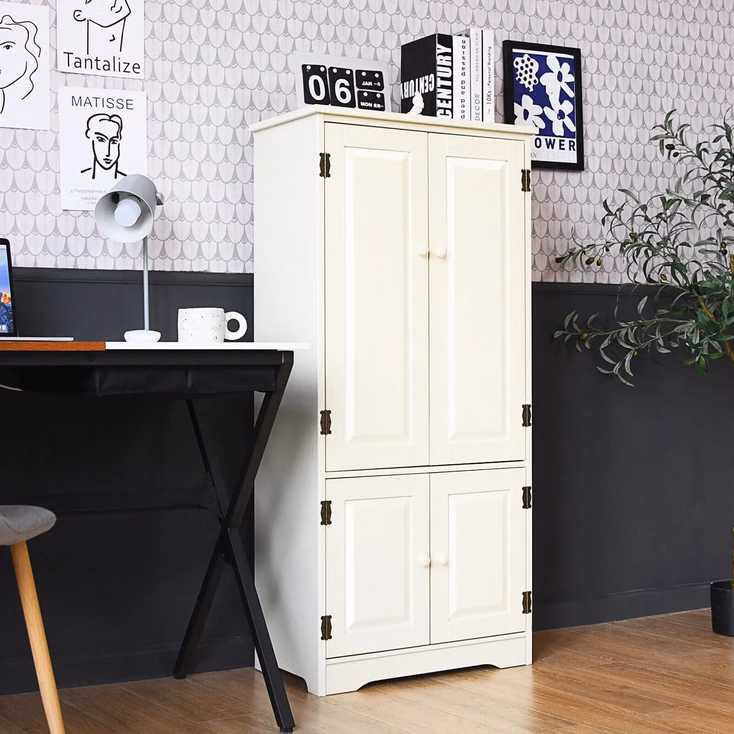Gymax Antique Freestanding Wooden Cabinet with Double Hinged Doors in White – 2