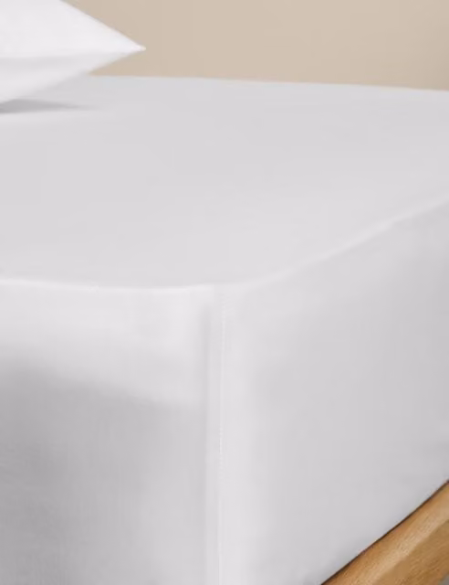 M&S Egyptian Cotton 230 Thread Count Mako Satin Silky Fitted Sheet, White, W/D/H: 200 x 200 x 38 cm