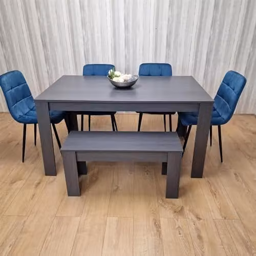 KOSY KOALA Modern 6 Seater Dining Set with Rectangular Dark Grey Table, 4 Blue Velvet Chairs and 1 Bench, W/D/H: 140 x 80 x 75 cm
