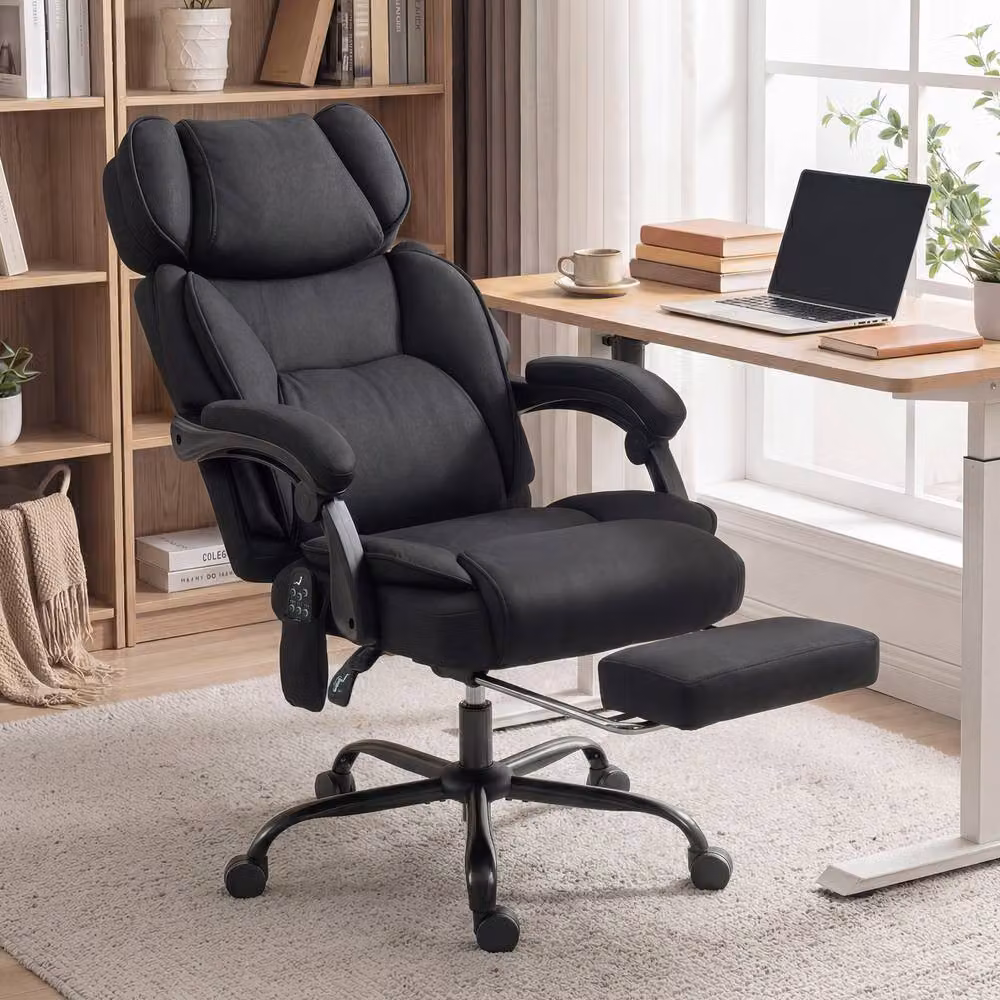 STILVORA Black Synthetic Leather Executive Massage Office Chair with Recline, Footrest and Headrest – 2
