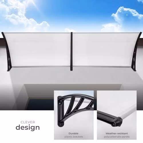 tectake Front Door Canopy with Translucent Polycarbonate Panels and Arched Side Struts, Black, W: 300 cm, D: 93 cm – 3