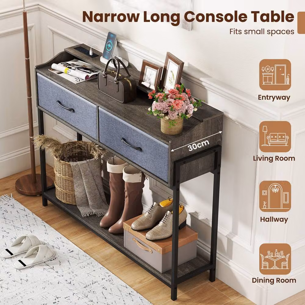 Costway Grey Industrial Console Table with Charging Station and Shelves – 9