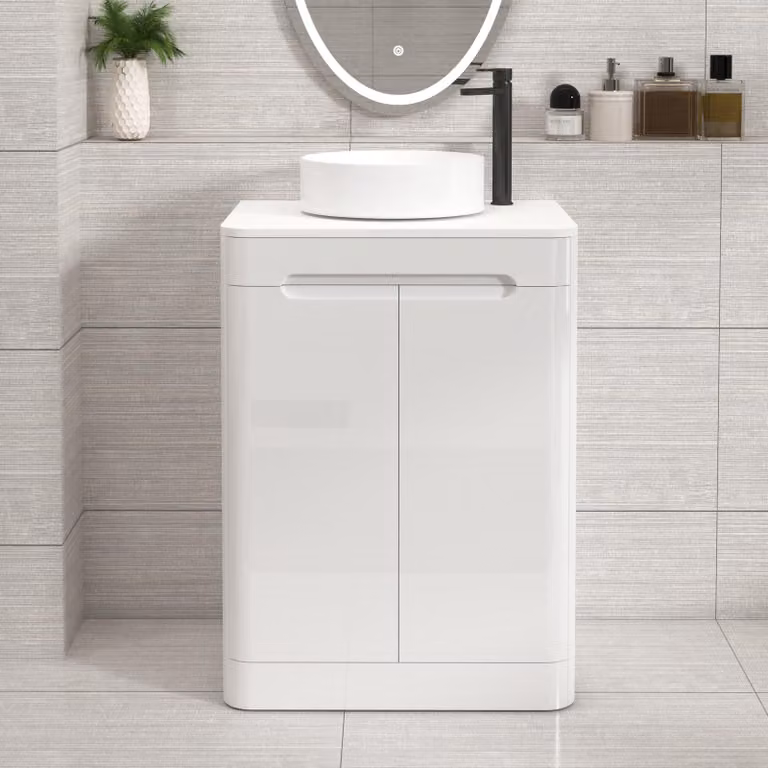 Royal Bathrooms Venice 600mm Gloss White Floor Standing 2 Door Vanity Unit with Plain White Worktop and Art Basin