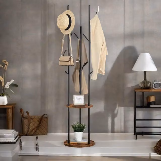 Rafaelo Mobilia Industrial Rustic Coat Stand with 2 Shelves in Dark Brown, H 175 x W 40 x D 40 cm – 1