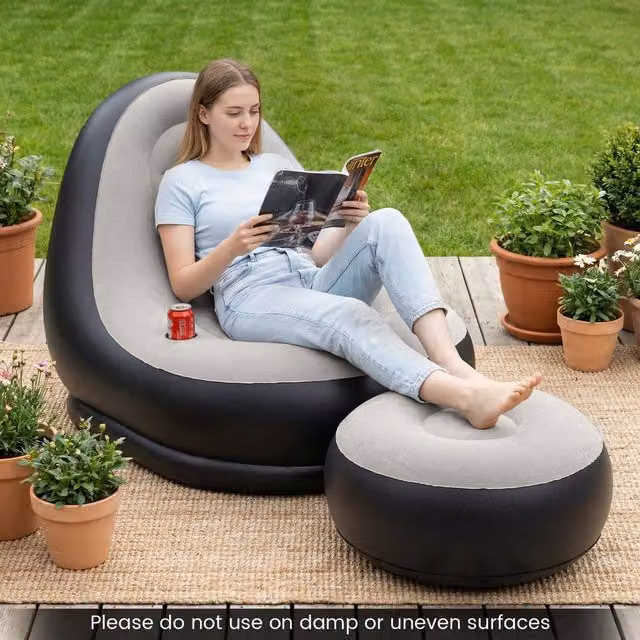 Costway Inflatable Lounge Sofa with Ottoman Single Blow Up Couch in Grey