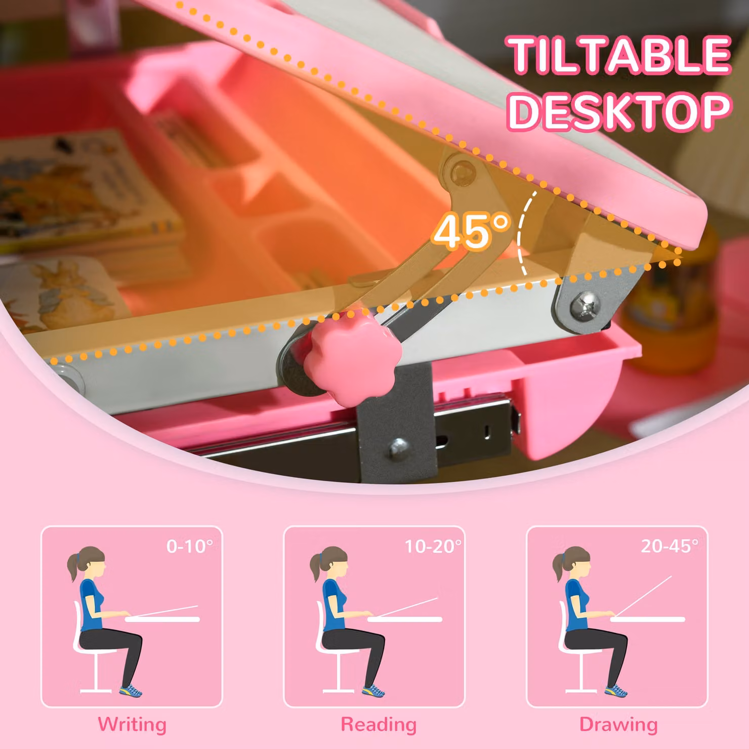 HOMCOM Height Adjustable Kids Desk and Chair Set with Tilting Top, Pink – 3