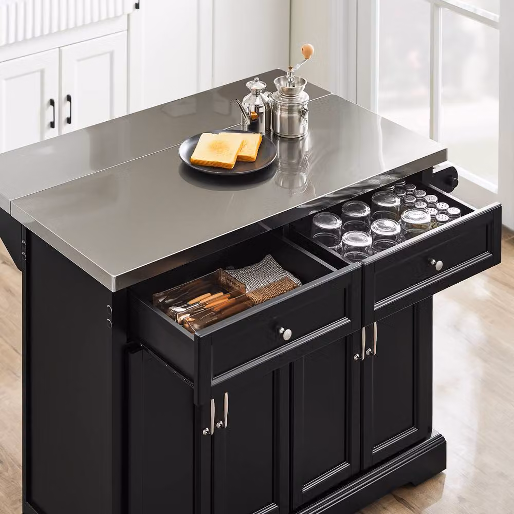 SoBuy Mobile Drop-Leaf Kitchen Island Breakfast Bar with 2 Drawers in Black – 5