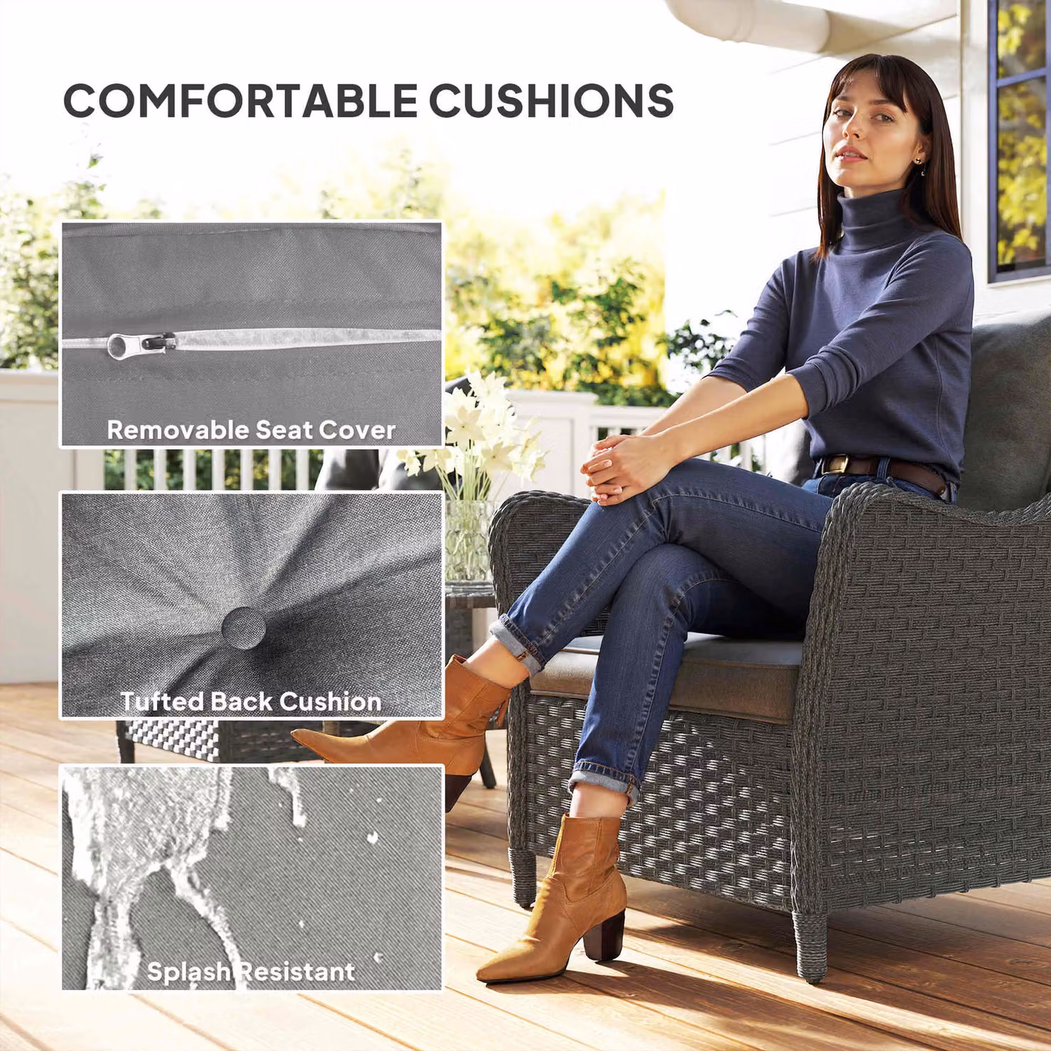 Outsunny Set of 2 Dark Grey Rattan Garden Armchairs with Cushions and Steel Frame – 5