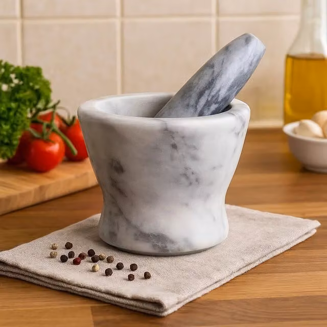 Maison by Premier Salerno Grey Marble Curved Round Mortar and Pestle
