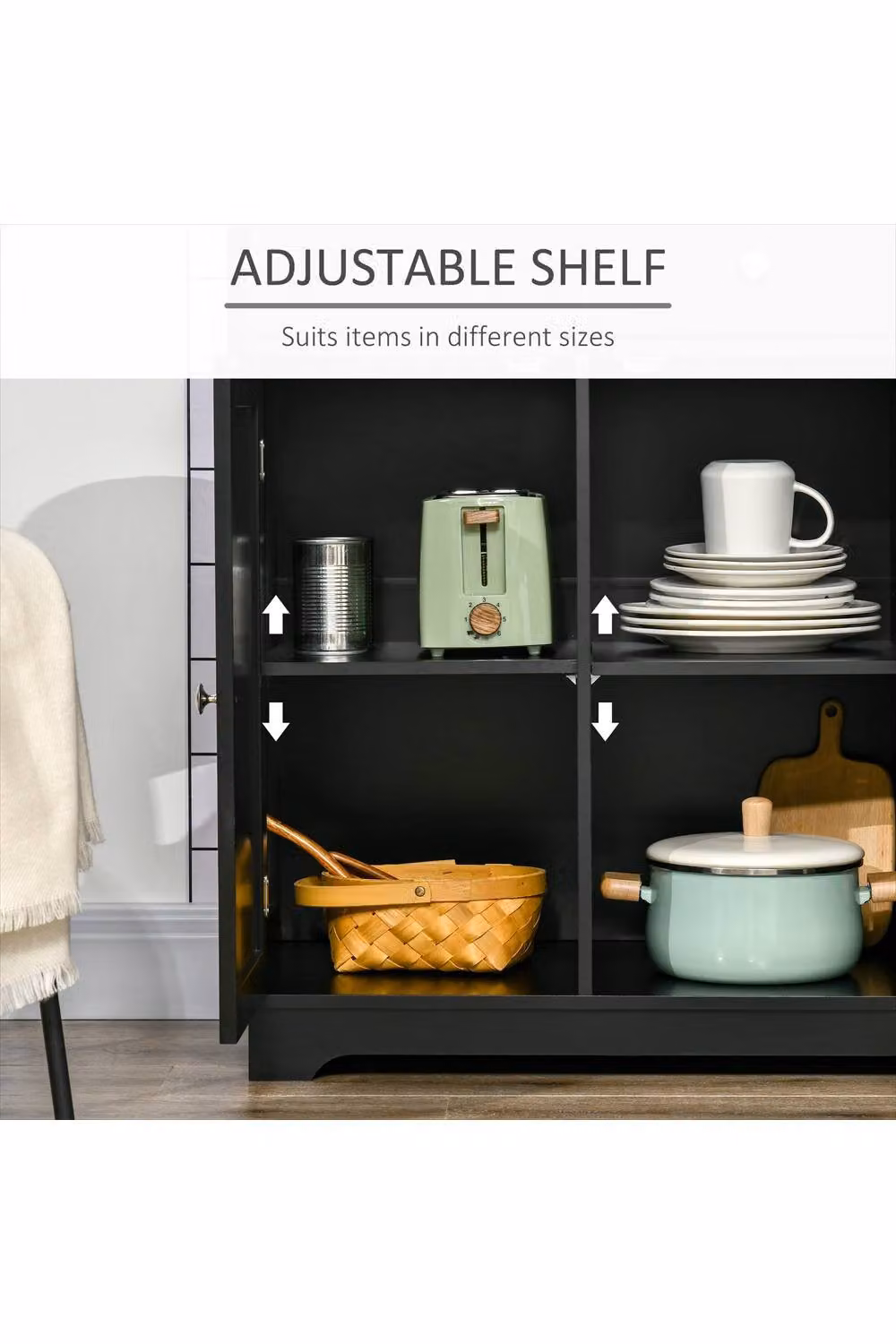 ERGOVEXA Modern Black Sideboard with Rubberwood Top and Adjustable Shelves – 3