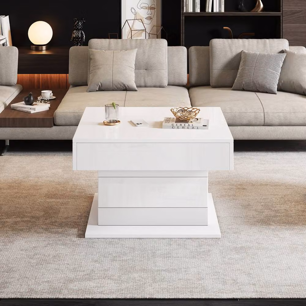 Rolipo White High Gloss Square Lift Top Coffee Table with Rotating Centre and Height Adjustment – 6