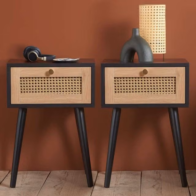 Croxley Pair of Black and Gold Mid-Century Rattan 1 Drawer Bedside Tables