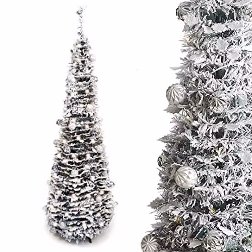Best Artificial 6ft Pre-lit and Pre-Decorated Pop-up Snow Flocked Christmas Tree in White – 1