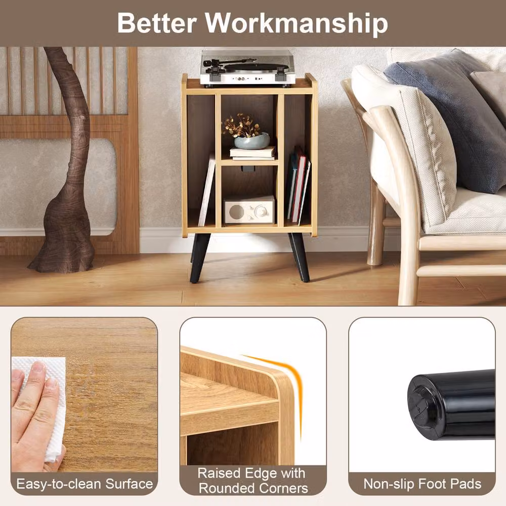 Gymax Raised Record Player Stand with Charging Station in Light Oak – 5