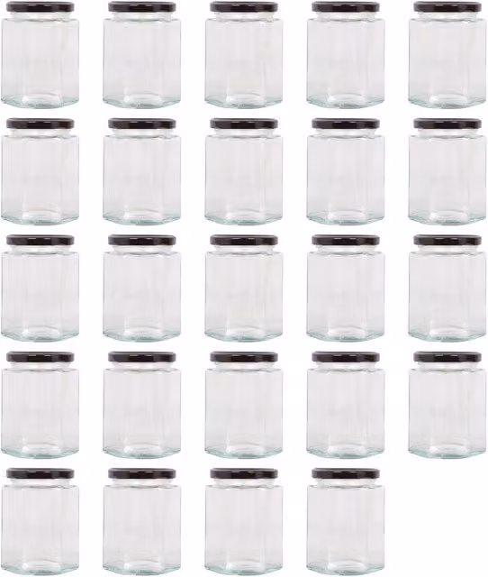 Argon Tableware Hexagonal Glass Jam Jars with Leakproof Screw-Top Metal Lids, 250ml, Black, Pack of 24