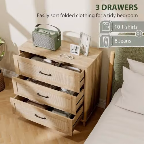 HOMCOM Bohemian Rattan 3 Drawer Chest of Drawers in Oak Brown – 3