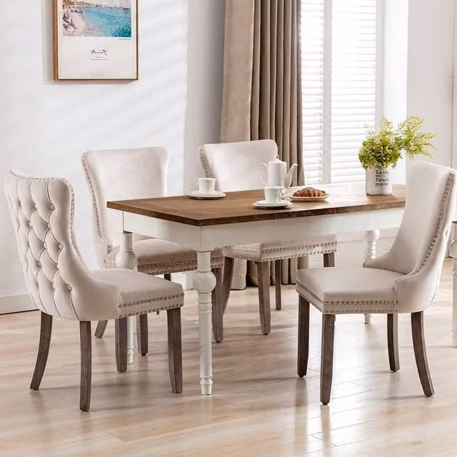 Modern Home Touch Sierra Lux Set of 4 Beige Velvet Dining Chairs with Tufted Wing Backs and Oak Wood Upholstered Frames – 1