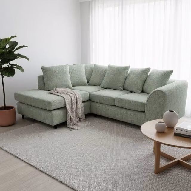 Abakus Direct Jumbo Chenille L-Shaped Corner Sofa with Left Hand Facing Chaise Extension in Green