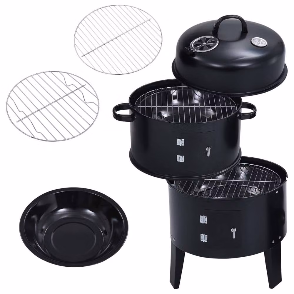 Berkfield Home 3-in-1 Charcoal Smoker BBQ Grill with Thermometer, Black, W/D/H: 80 x 40 x 40 cm – 3