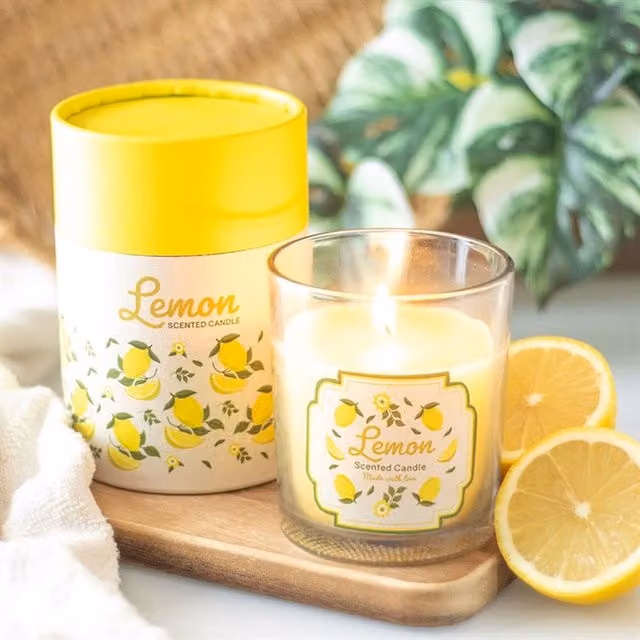 KDMK Zesty Lemon Bliss Fruity Votive Candle in a Yellow Decorative Glass Holder