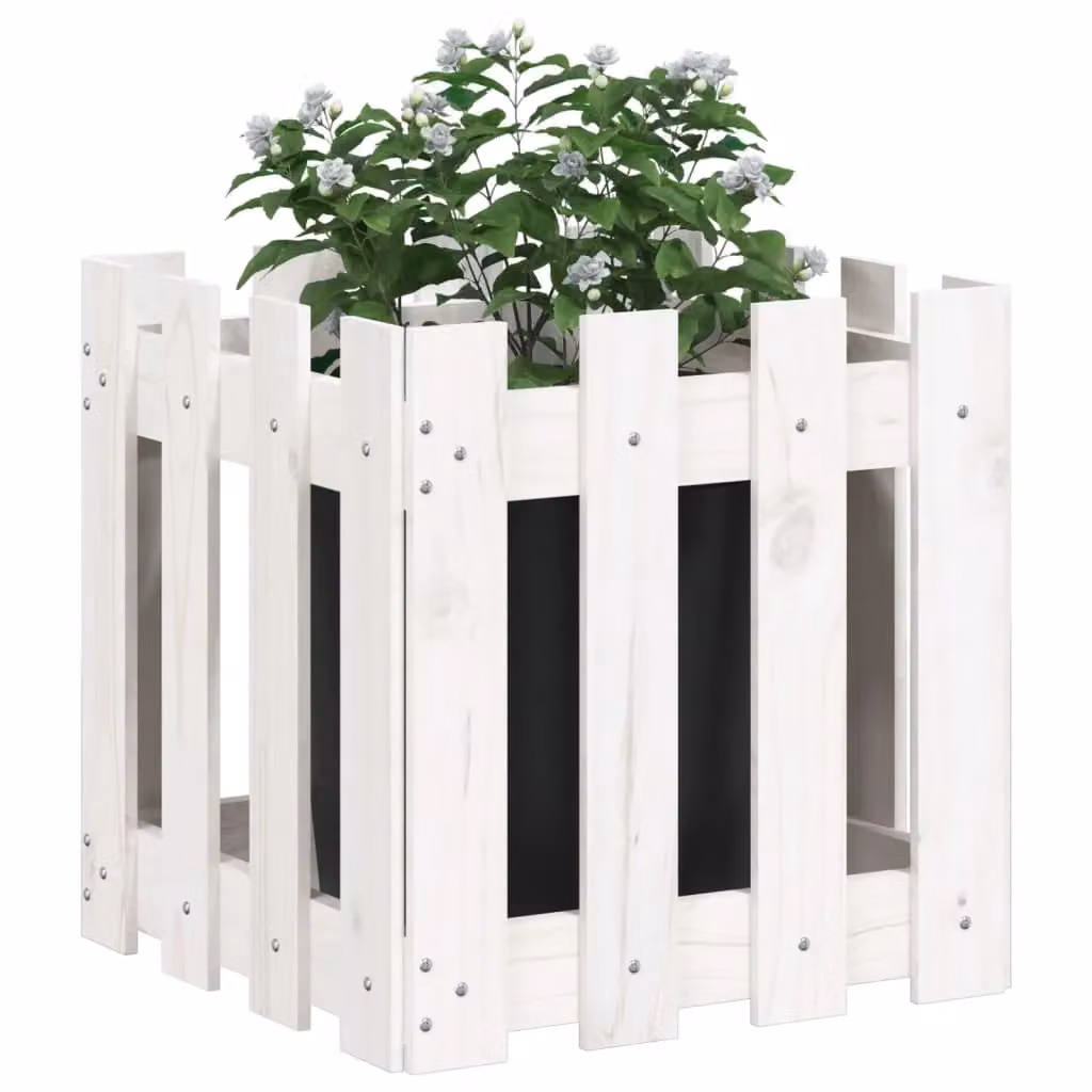 Berkfield Home Garden Planter with Fence Design in White, Solid Wood and Plastic, W/D/H: 40 x 40 x 40 cm – 2