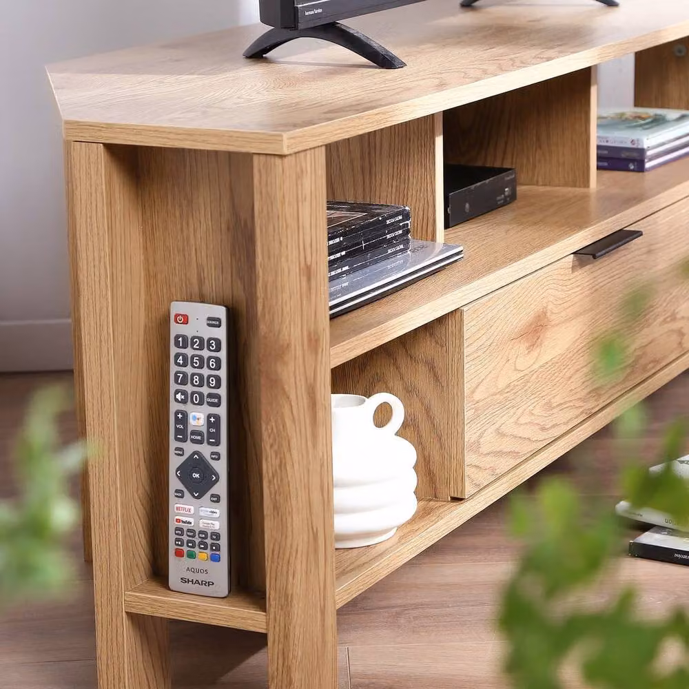 CALICOSY Corner TV Unit with 1 Drawer, Oak Finish, Light Brown, W/D/H: 120 x 40 x 45 cm – 3