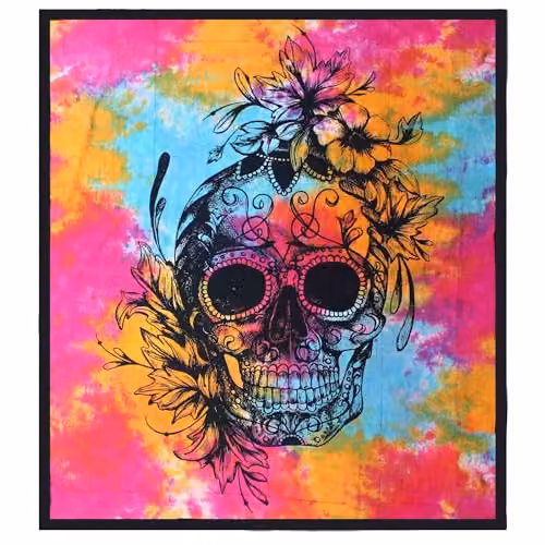 KDMD Day of the Dead Skull Double Cotton Bedspread and Wall Hanging Set, Multicolour – 1