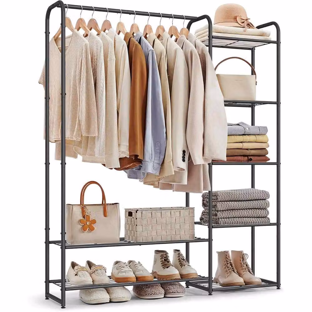 The Bazaarist Open Wardrobe with Clothes Rail and Storage Shelves, Matt Black, H: 158.4 cm x W: 112.0 cm – 2