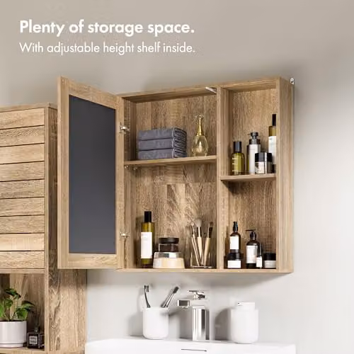 VonHaus Chester Wall Mounted Bathroom Mirror Cabinet in Brown Rustic Wood Effect with Internal Shelves, W/D/H: 56 x 13 x 58 cm – 3