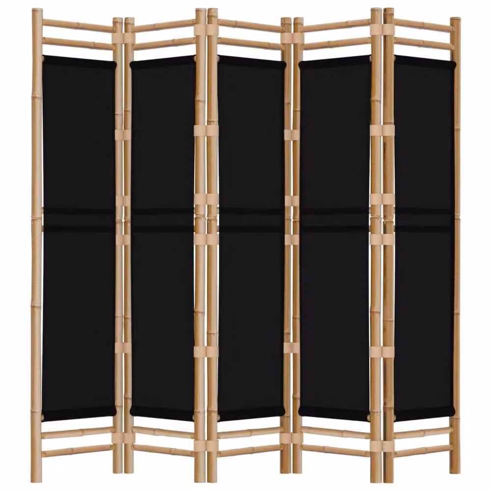 Berkfield Home Classic 5-Panel Folding Room Divider in Black Bamboo and Canvas, W/H: 200 x 180 cm – 5