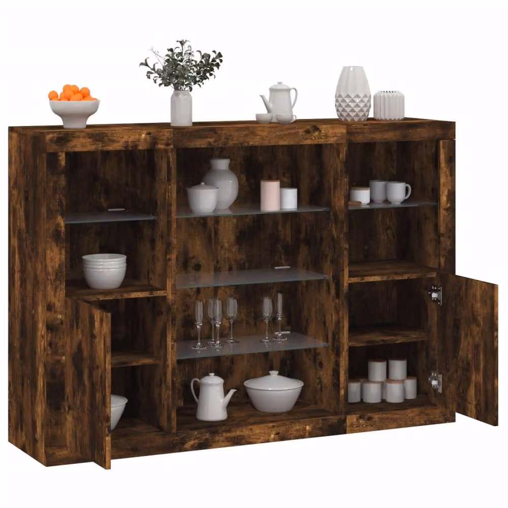 Berkfield Home Set of 3 Modern Smoked Oak Sideboards with Integrated LED Lighting in Brown – 2