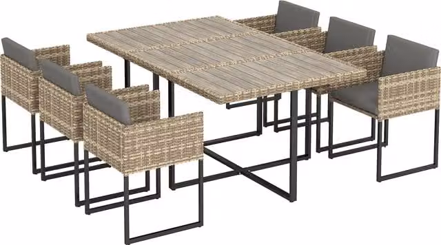 Outsunny 7 Piece Rattan Garden Dining Set with Rectangular Wood-Plastic Composite Table and 6 Chairs in Brown