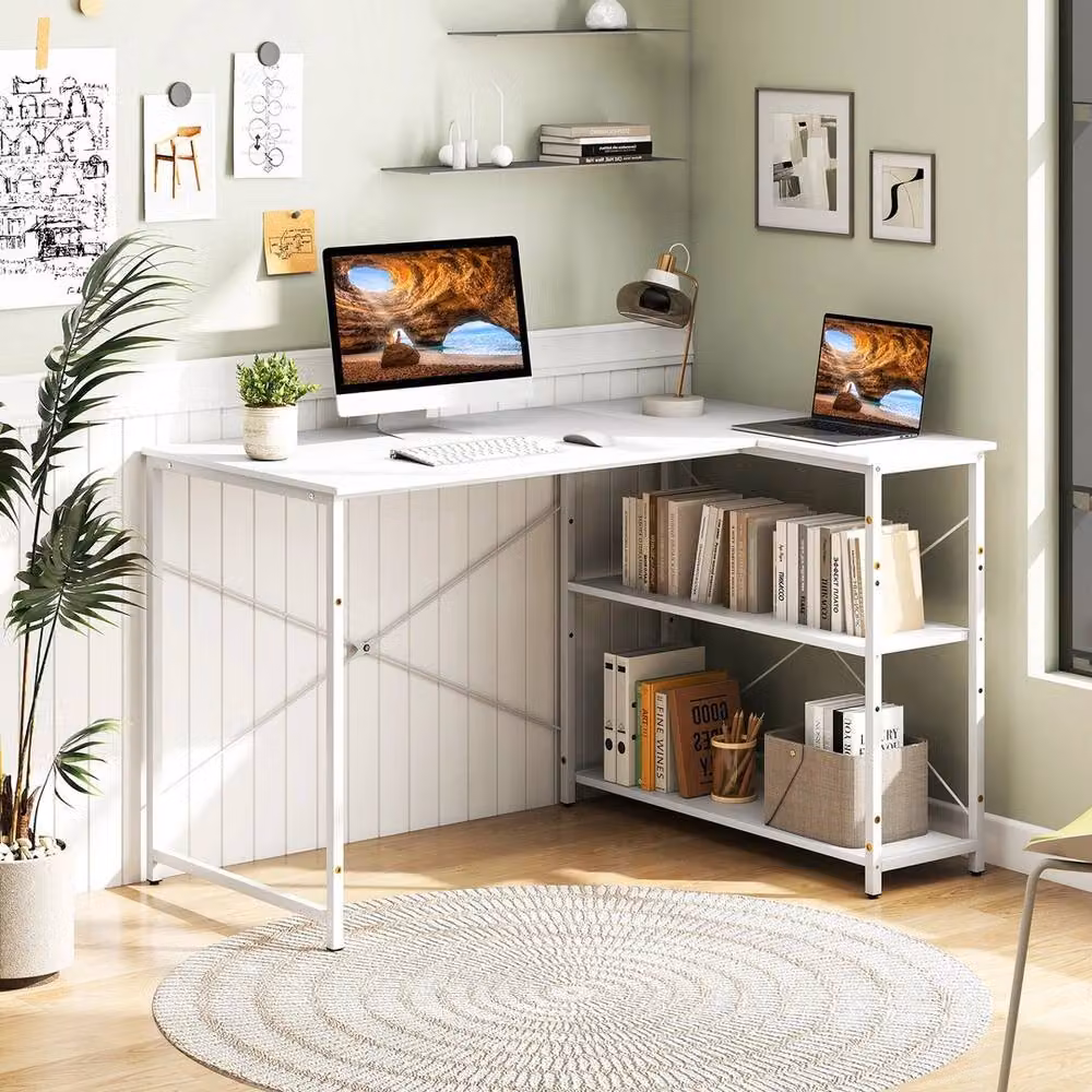 VOGREX White Reversible L-Shaped Corner Desk with Metal X-Frame – 2
