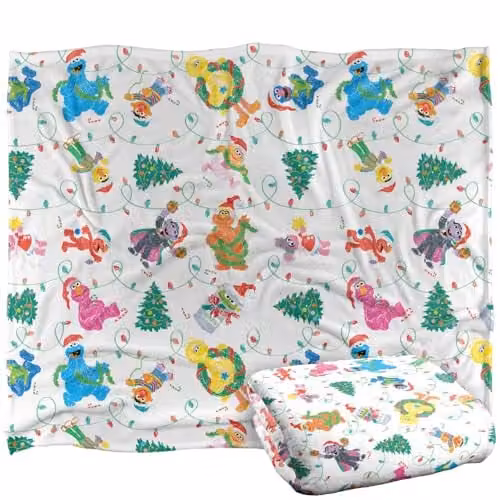 LOGOVISION White Sesame Street Tangled Lights Pattern Super Soft Fleece Throw Blanket W: 152 cm, D: 127 cm