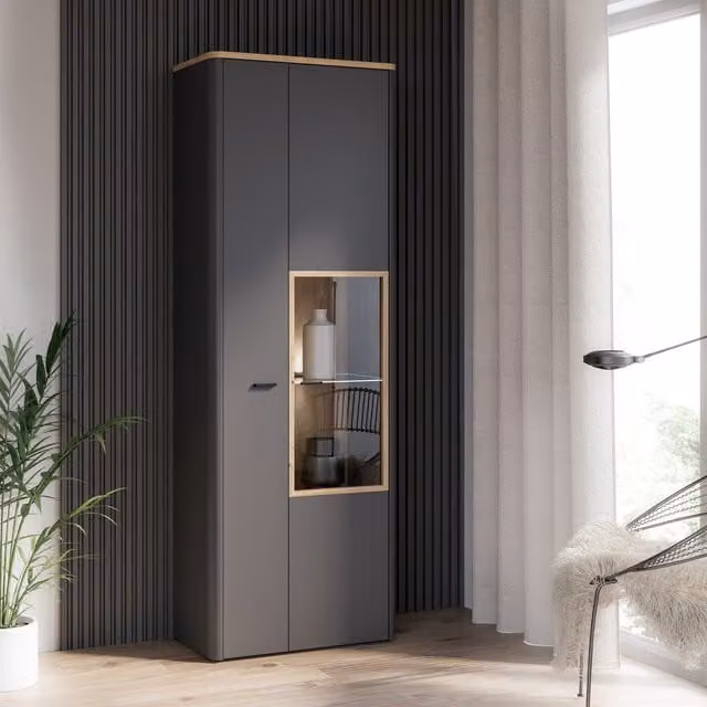 Furniture To Go Klara Tall Display Cabinet in Grey with Integrated Lighting and Glass Doors